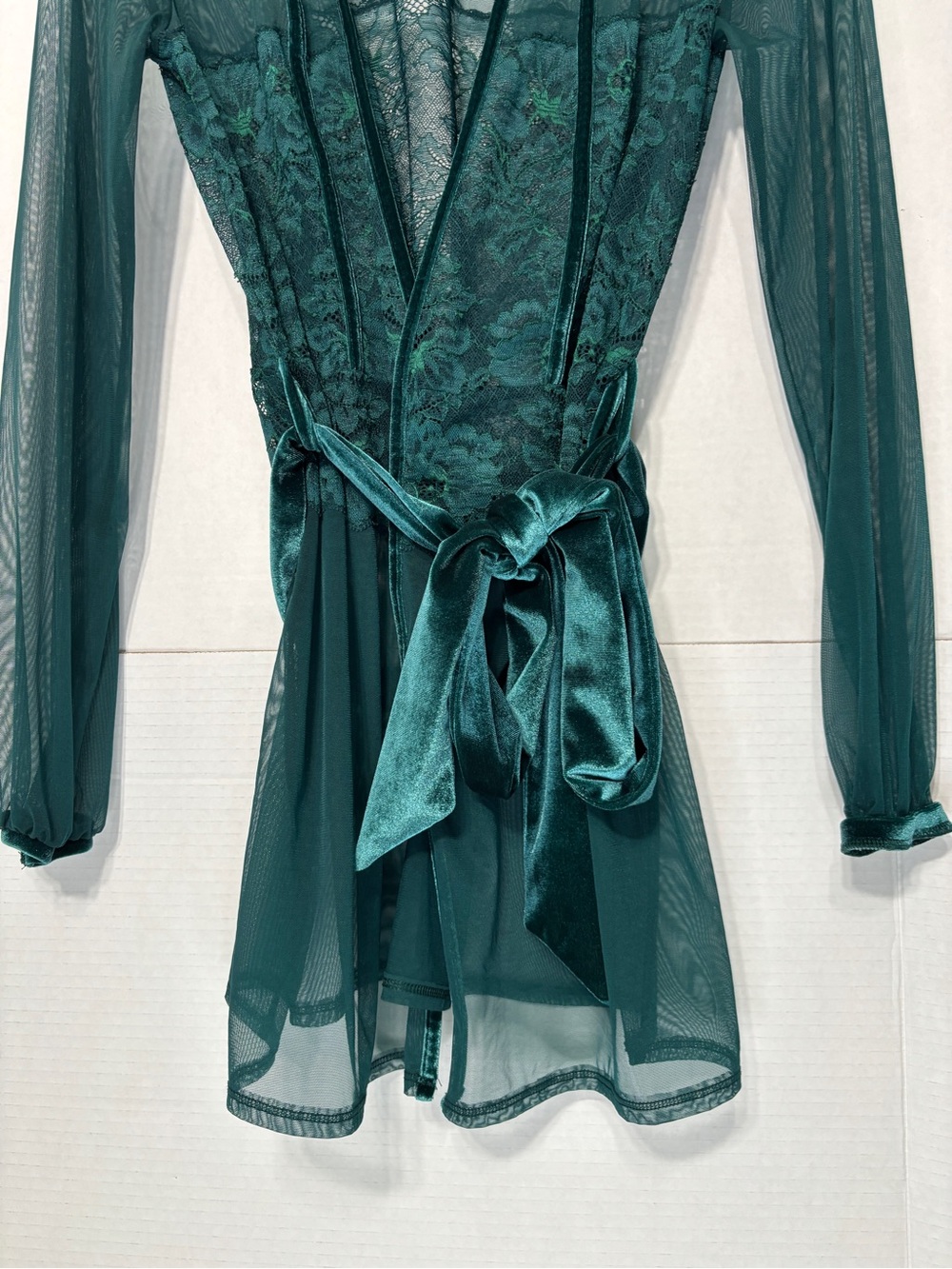 La SENZA Deep Teal Green Sheer Lace Short Robe Satin Tie Mesh Layer Sleepwear - Picture 2 of 12